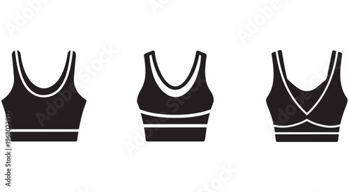 Three black sports bras with white trim  isolated on white background  front views