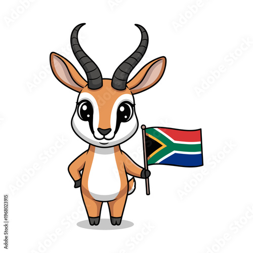 Cartoon springbok holding South African flag isolated on transparent background