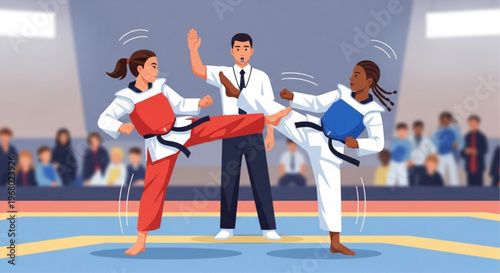 Two women in taekwondo uniforms sparring with a referee in a colorful indoor martial arts training hall with spectators