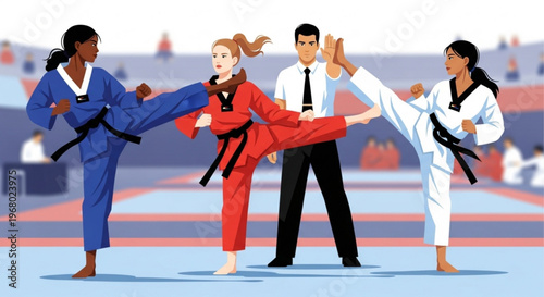 Martial arts instructor supervises students kicking during training session in gym