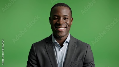 Confident professional man smiling in studio against green background