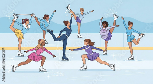 Group of figure skaters performing various poses on ice rink with mountains background