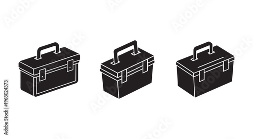 Three black toolboxes with handles in different angles for repair and construction work  industrial and DIY uses