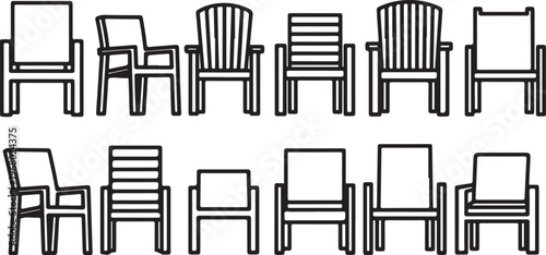 Minimalist wooden chairs arranged in a linear pattern on a white background Vector