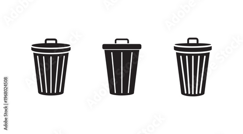 Three black trash cans with lids and handles in a row on white background  waste management symbol