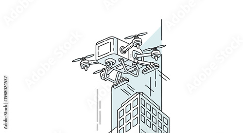 Drones flying around a city skyscraper.