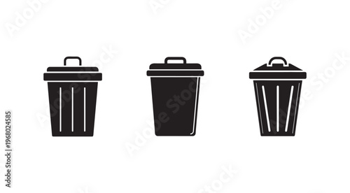 Three black trash cans with lids and handles in different orientations for waste management and recycling purposes  simple icons