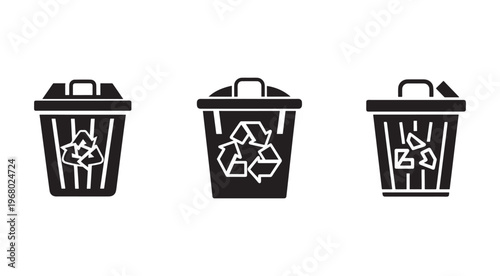 Three black trash cans with recycling symbols on the front for waste management and recycling concepts  illustrating eco friendly practices