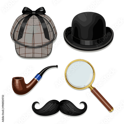 Sherlock Holmes detective accessories isolated on transparent background