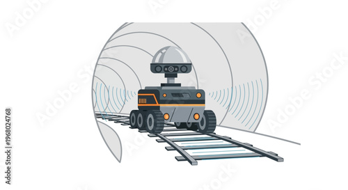 Robot on train tracks in tunnel.