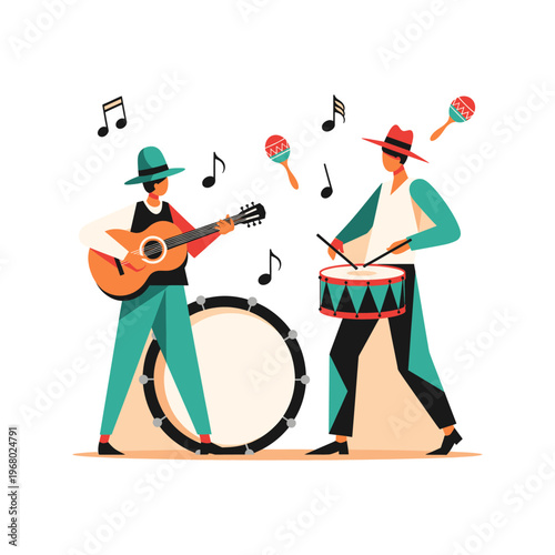 Two musicians playing guitar and drums isolated on transparent background