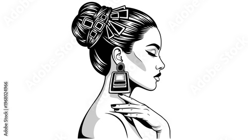 Elegant Woman Profile, Vintage Style, Bold Earrings, Updo Hairstyle, Black and White