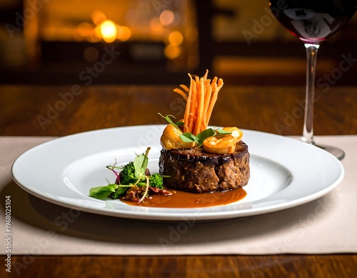 A gourmet dish is plated with a rich sauce, garnished with sprouts, shrimp, and carrot sticks. A glass of wine sits nearby