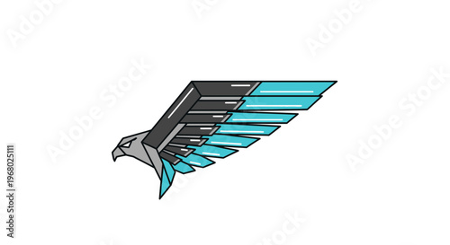 A stylized illustration of an eagle's head and wing in gray and blue hues.