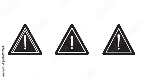 Three black warning signs with exclamation mark on white background