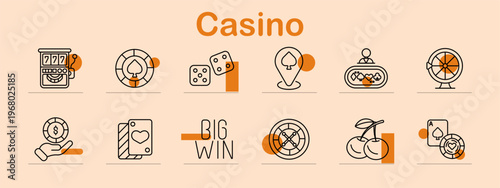 Casino gambling set icon. Slot machine chip dice card roulette table wheel jackpot win coin cherry game betting luck risk entertainment fortune play symbol.