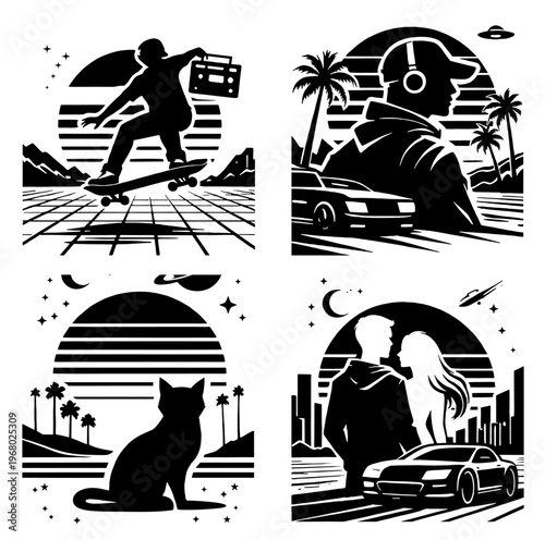 Trendy retro 80s silhouette vector set featuring skate, music, city, and lifestyle scenes. Clean black style, perfect for t-shirt, poster, branding, and modern vintage designs.