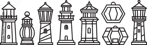 Collection of iconic lighthouse designs in a minimalist illustration Vector