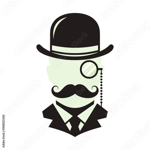 Vintage gentleman with monocle and bowler hat isolated on transparent background