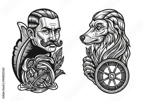 Vintage Woodcut Style Illustration Set: Elegant Gentleman with Handlebar Mustache and Stylized Wolf Head with Wheel - Monochrome Vector Art