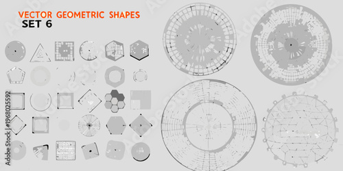 Collection of grayscale vector geometric shapes including circles and polygons