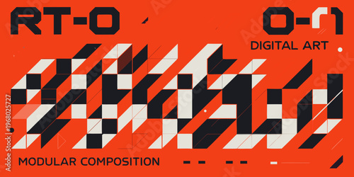 Abstract digital art featuring geometric shapes and bold typography