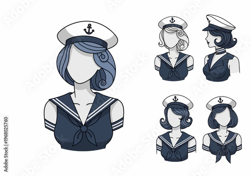 Vintage Sailor Woman Avatar Set - Retro Nautical Pin-up Style Female Navy Character in Uniform with Anchor Hat and 1950s Hairstyle Vector Illustrations