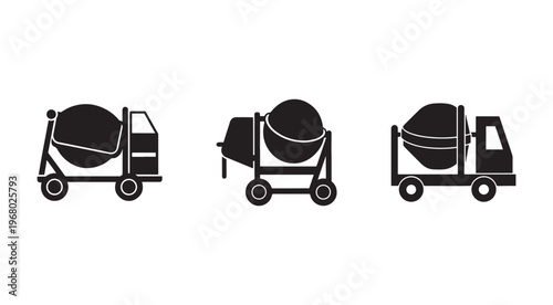 Three cement mixer trucks in different positions for construction and building materials transportation  heavy industry equipment