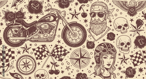 Vintage Biker Tattoo Flash Seamless Pattern with Chopper, Skulls, Roses, and Riders in Old School Style