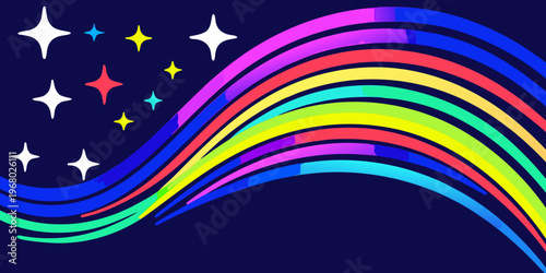 A vibrant rainbow arc with sparkling stars against a dark blue background
