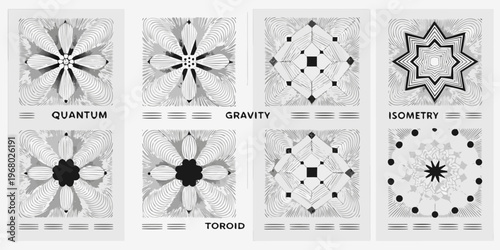 Bilde på lerret Abstract geometric patterns in black and white arranged in a grid format