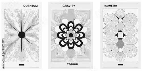 Abstract triptych exploring concepts of quantum physics gravity and isometry