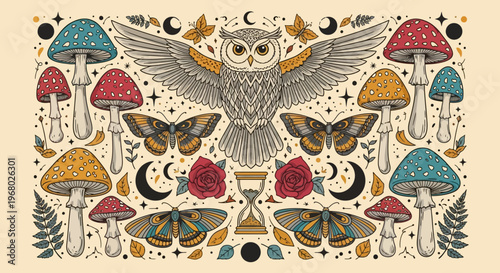 Bild auf Leinwand Vintage Occult Illustration of an Owl, Mushrooms, Moths, and Moon Phases; Mystic