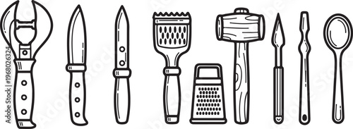 Collection of various types of latches and locks in black and white sketch Vector