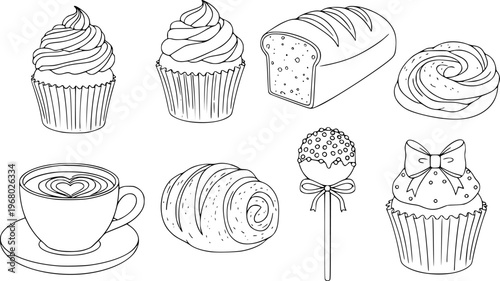 Hand drawn collection of bakery and coffee cup with heart latte white background