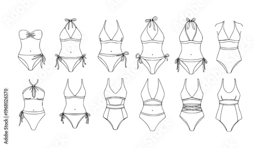 Continuous line drawing women swimwear silhouette set bikini and swimsuit vector illustration