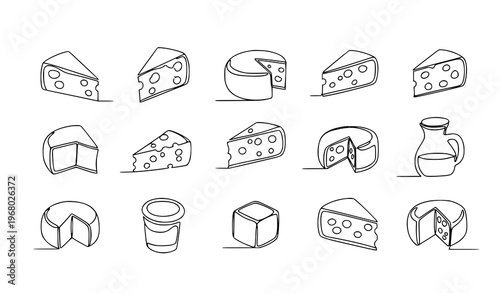 Minimalist continuous line cheese doodle icon pack food menu dairy vector illustration
