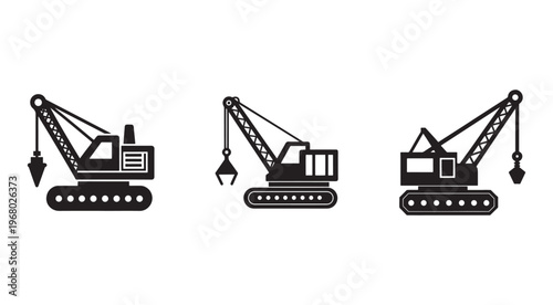 Three different excavator crane icons with various attachments on white background  construction vehicles and equipment