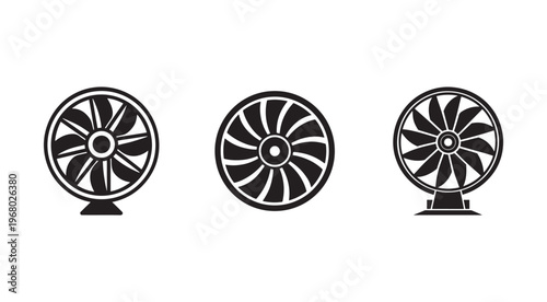 Three different fan designs with varying blade styles on white background  electric device for air circulation