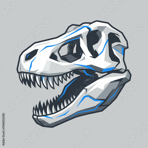 This striking illustration features a stylized T-Rex skull created with bold geometric lines and colors, emphasizing the prehistoric subject with a contemporary artistic flair.