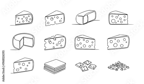 Continuous line drawing cheese doodle icon set slice wedge food menu vector illustration