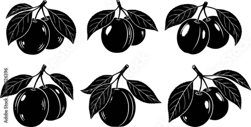 Black and white stylized of plums branches with leaves in a repeating pattern fruit