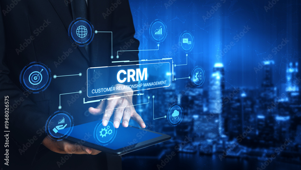 Fototapeta premium CRM platforms improve customer relationships through data analysis, CRM communication tools, and automation. CRM systems support customer management, tracking, and CRM relationship success. Spline