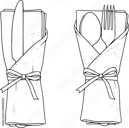 Hand Drawn of Wrapped Cutlery Set with Knife and Fork Spoon White Background napkin