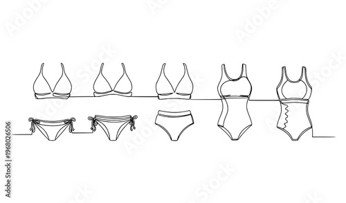 One line drawing women swimwear icons bikini swimsuit fashion outline vector illustration