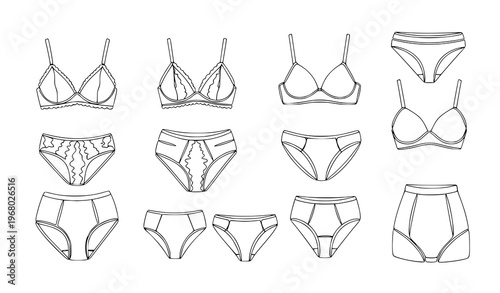Continuous line drawing women underwear collection fashionable bra panties doodle vector illustration