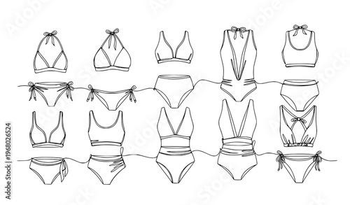 Minimalist continuous line women swimwear silhouette pack bikini fashion vector illustration