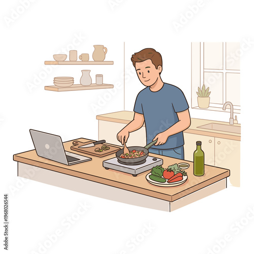 A man cooking food on a kitchen counter while looking at a laptop