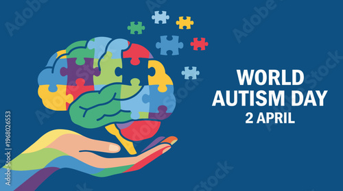 An artistic representation for World Autism Day featuring a colorful puzzle piece brain held by a hand, symbolizing support, awareness, and understanding for autism spectrum disorders.