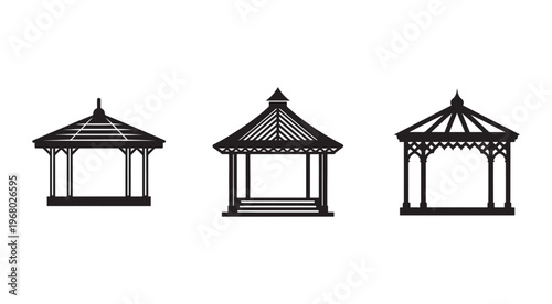 Three different gazebo structures with various roof designs and columns isolated on transparent background